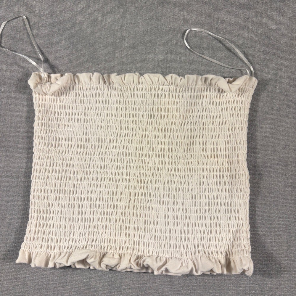 H&M Women Smocked Tube Top Cream Off White Ruffle Trim Strapless Crop Top M